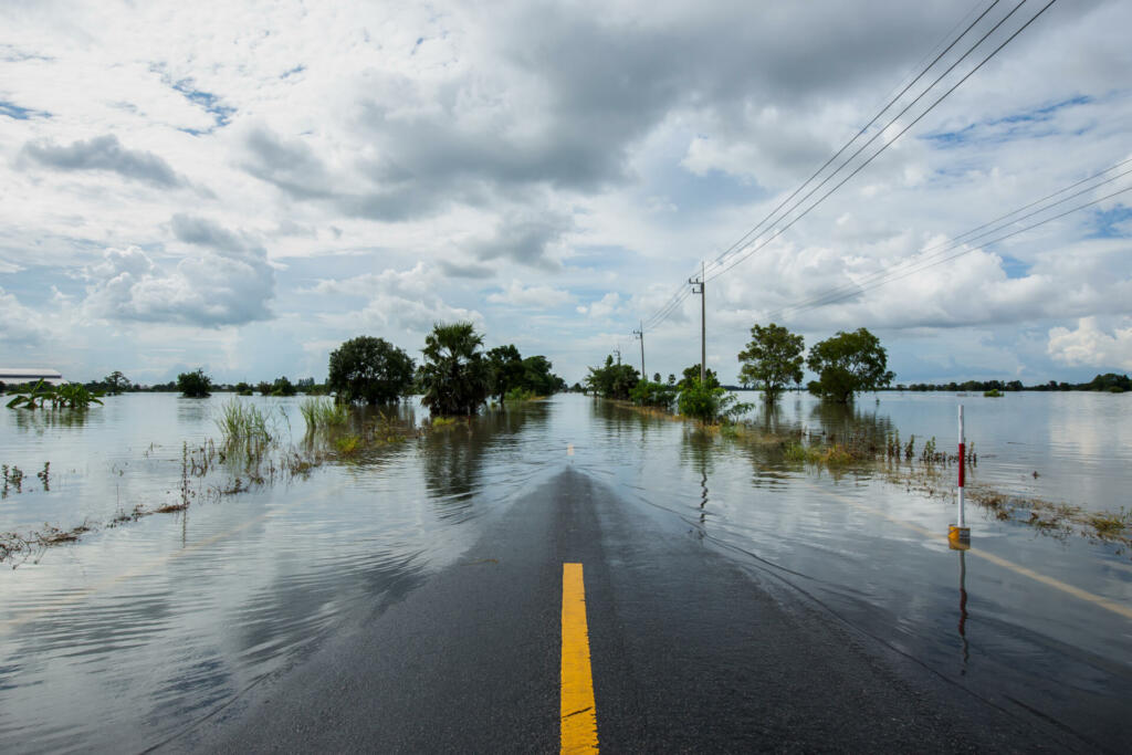 The flooded rural roads of Thailand due to the rainstorm Tien Mu swept through Thailand and brought heavy rain.