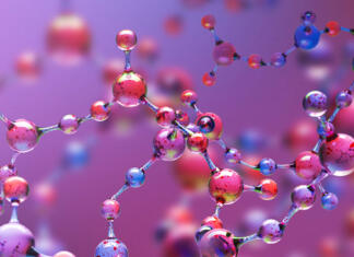 Prvo stikalo narejeno iz ene same molekule Transparent blue and purple abstract molecule model over blurred blue and purple molecule background. Concept of science, chemistry, medicine and microscopic research. 3d rendering copy space