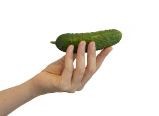 V kino s kislo kumarico? Young woman holding a cucumber. Green tasty vegetable in hand. Healthy diet food. Natural ingredient for dishes and salad. Photo isolated on white background