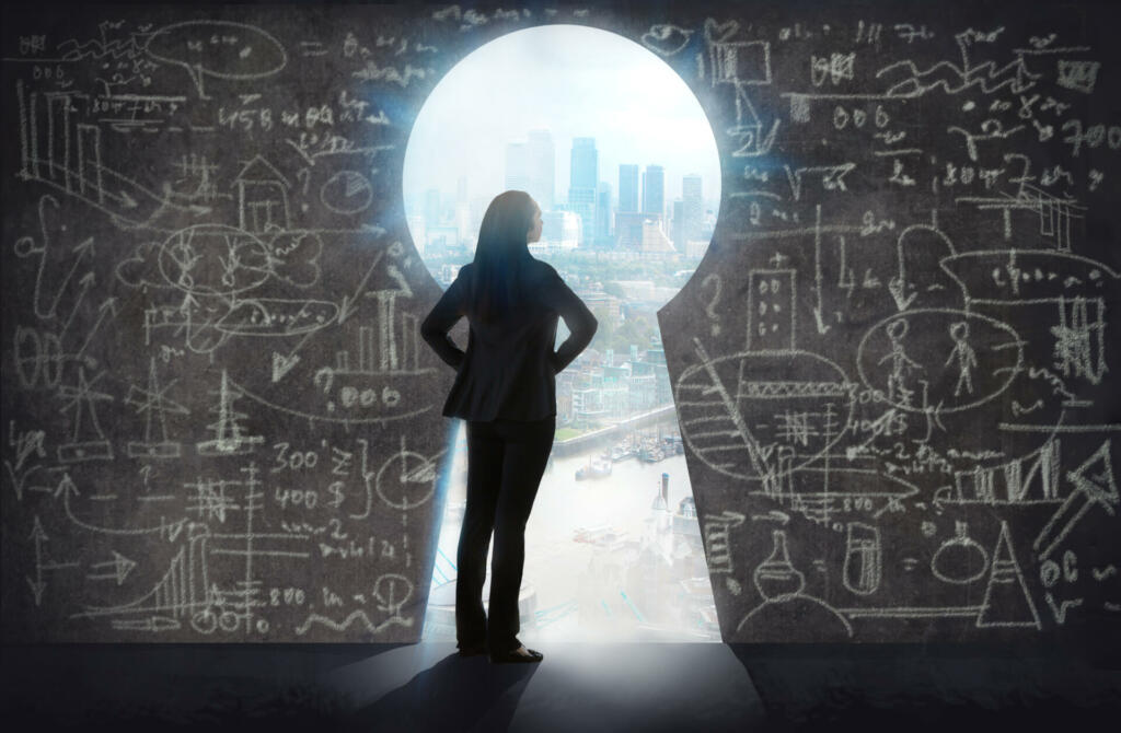 Young woman looking at the City of London in the keyhole. Intelligence lead to the success. Business, working hard, new generation concept