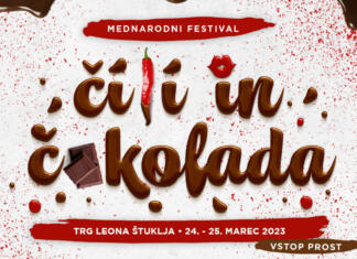 Mednarodni festival Čili in Čokolada 2023 Oglas za dogodek z naslovom, lokacijo in datumom ter pripisom vstop prost