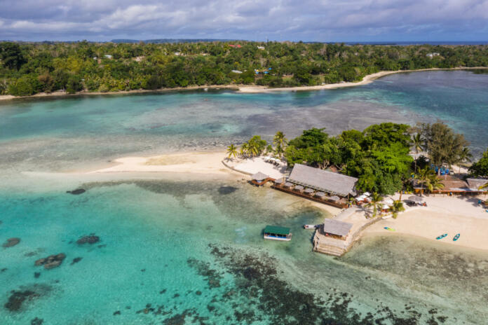 Aerial view of the idyllic Erakor island in the Port Vila bay, Vanuatu capital city in the Pacific Ocean