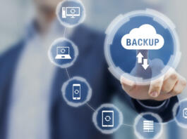 Backup files and data on internet with cloud storage technology that sync all online devices and computers with network connection, protection against loss, business person touch screen icon concept