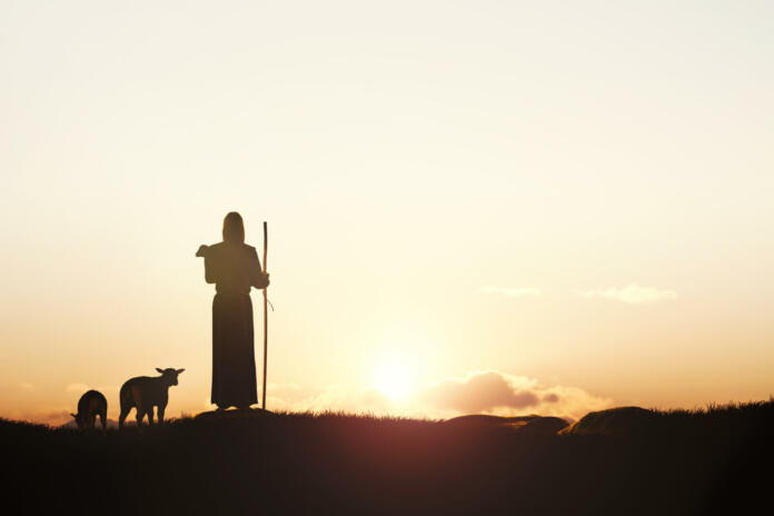 Church background image used with the cross symbolizing the death and resurrection of Jesus Christ, the shepherd holding the lamb and guiding the sheep in the meadow