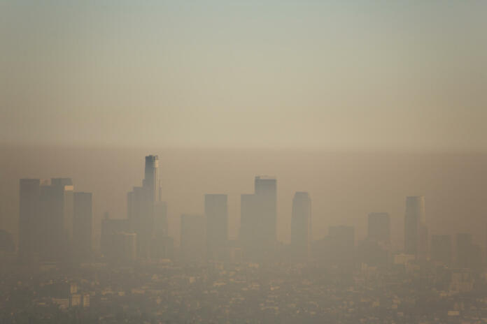 Downtown Los Angeles covered in a layer of smog.