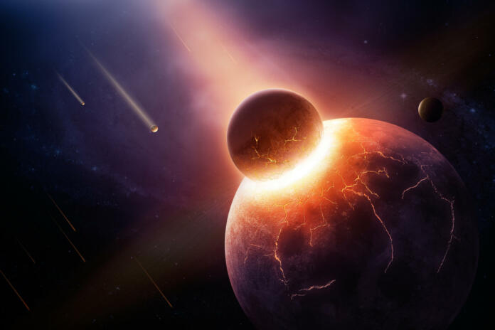 Earth destroyed in collision - 3D artwork illustration of planetary explosion