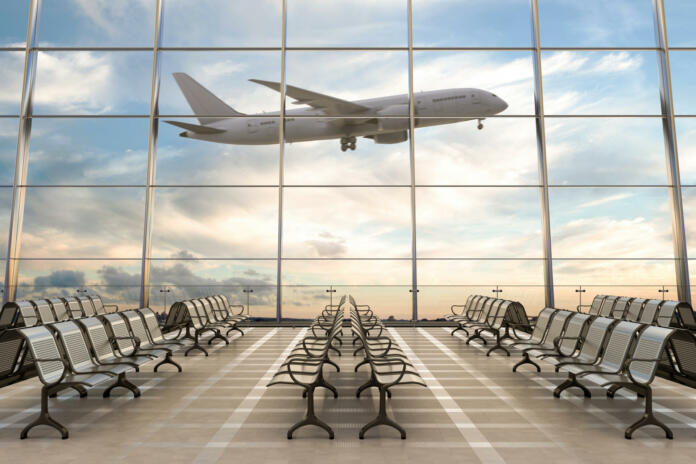 Empty airport terminal lounge with airplane on background. 3d illustration