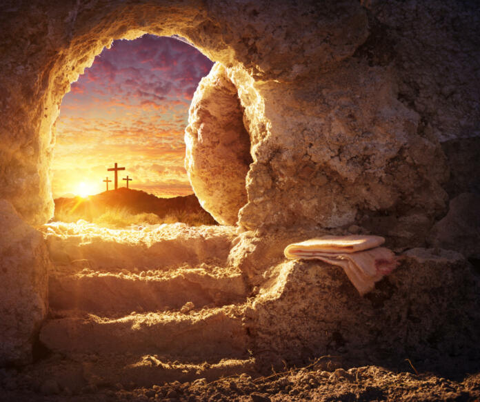 Empty Tomb With Shroud And Crucifixion At Sunrise - Risen Resurrection