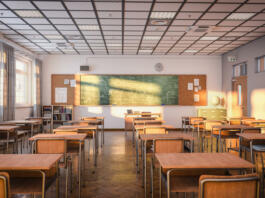 interior views of an empty Japanese-style classroom. 3d render