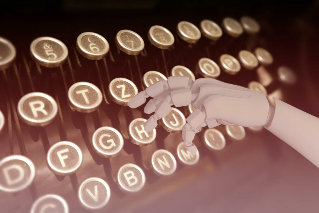 Robot hand using typing machine. Illustration of robot or artificial intelligence replacing writers.