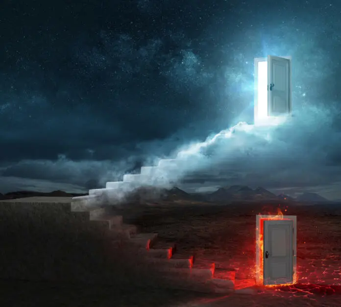 stairs-for-heaven-and-hell-religious-choice-contain-3d-rendering-stockpack-istock Stairs For Heaven And Hell - Religious Choice - Contain 3d Rendering