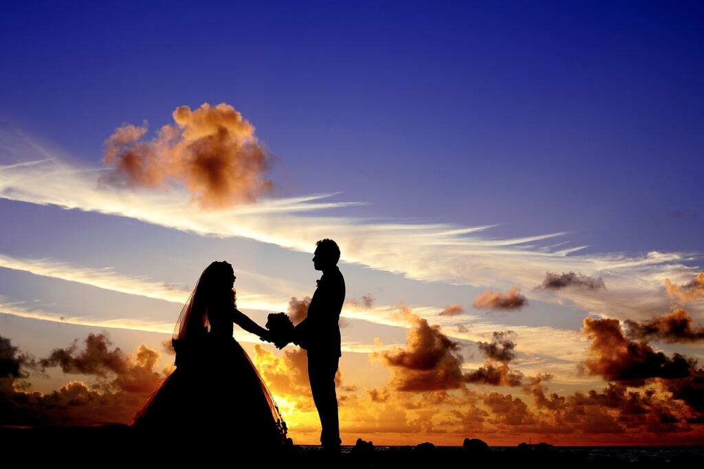 sunset, wedding, silhouettes