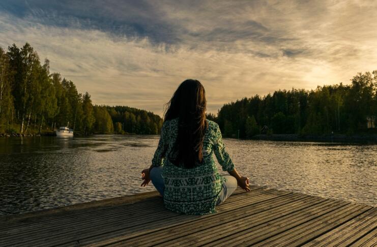 yoga, woman, lake