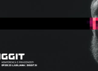 10. DIGGIT Moški, ki ima čez oči mrežo kvadratov različnih barv roza, spodaj je napis DIGGIT in datum ter kraj dogodka