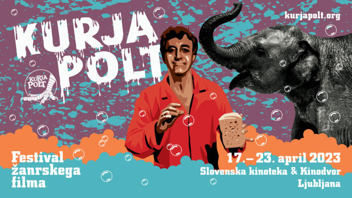 Grafika za Kurjo polt s sliko moškega, slonom in podatki o festivalu