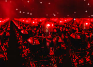 Prepovedi ChatGPT se širijo po Evropi: Bo strah prevladal tudi pri nas? 3d render of scary cyborgs in metal costumes and helmets with glowing eyes standing in dark tunnel with bright red illumination. Robots have turned against humans
