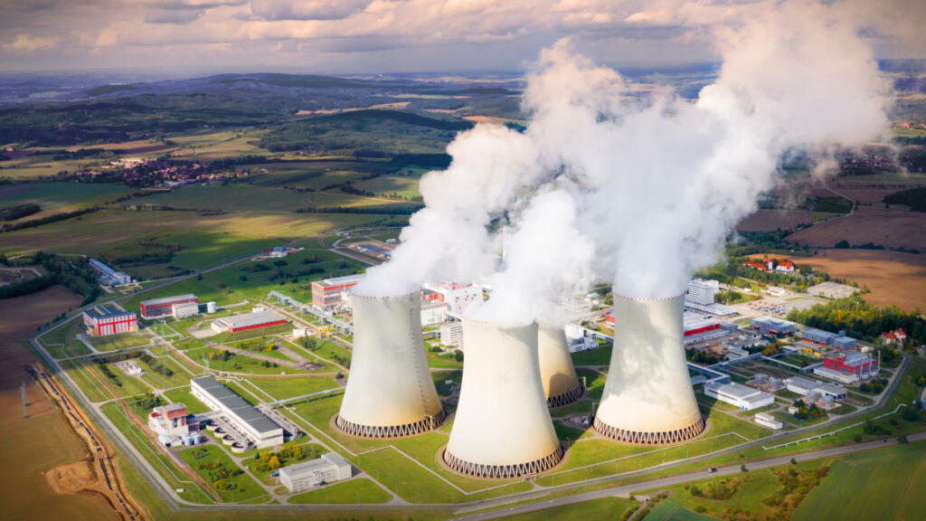 Aerial view to Temelin nuclear power plant. This power station is important source of electricity for Czech Republic in European Union.