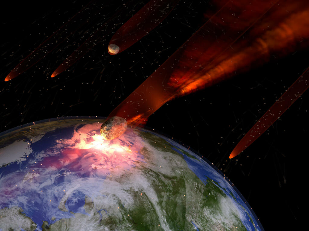 An illustration of a large asteroid strike on Earth. An impact this large would result in the extinction of most all life on Earth. Earth texture map courtesy of NASA - http