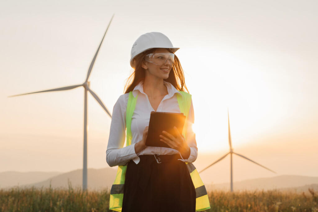 Beautiful caucasian woman in white helmet working with digital tablet at renewable energy farm. Female inspector controlling functioning of wind turbines outdoors.