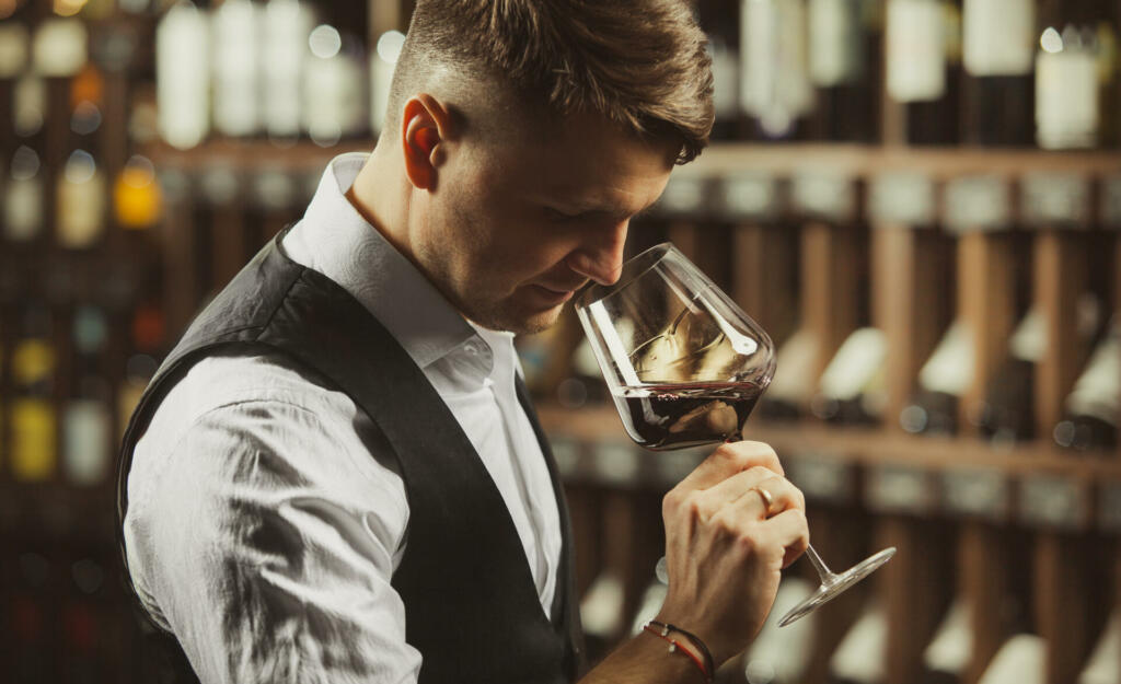 Close-up shot of young sommelier smell red wine on wine cellar background. Expert in the field of alcoholic beverages.