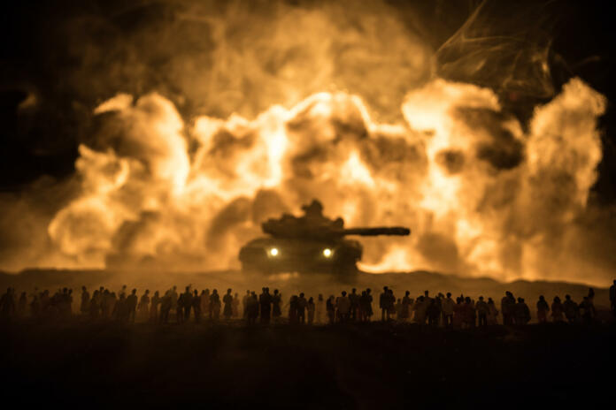 Creative artwork decoration - Russian war in Ukraine concept. Crowd looking on giant explosion and attacking armored vehicles. Selective focus