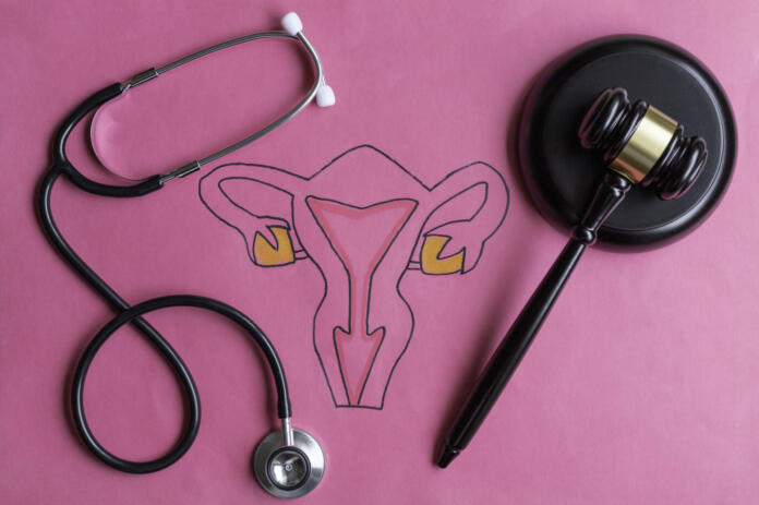 Drawing of female reproductive system with judge's gavel and stethoscope.Conceptual about abortion, legislation, feminism, woman