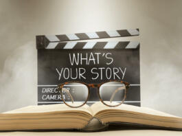 Handwriting on movie clapperboard ;storytelling for film, cinema and video photography concept