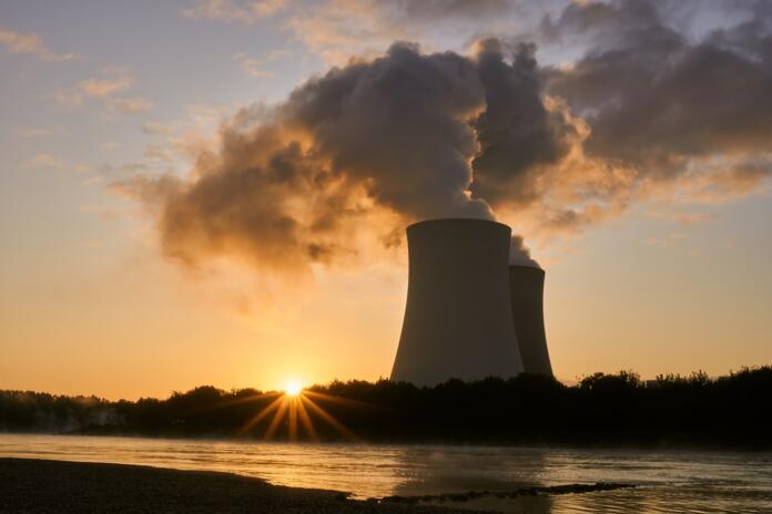 nuclear power plant, cooling tower, sunrise