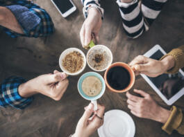 People drinking coffee high angle view