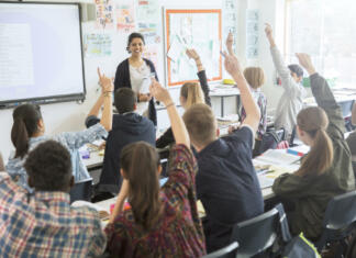 Razpis pripravniških mest na področju vzgoje in izobraževanja Rear view of teenage students raising hands in classroom