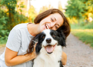 Medmet: vse, kar moraš vedeti Smiling young attractive woman playing with cute puppy dog border collie on summer outdoor background. Girl holding embracing hugging dog friend. Pet care and animals concept