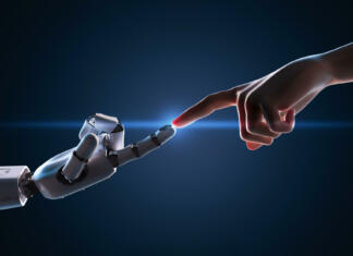 Ali nas lahko naša želja po napredku vodi v pogubo? Technology connection concept with 3d rendering human finger connect to robot finger