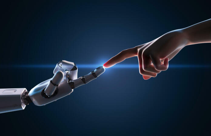Technology connection concept with 3d rendering human finger connect to robot finger