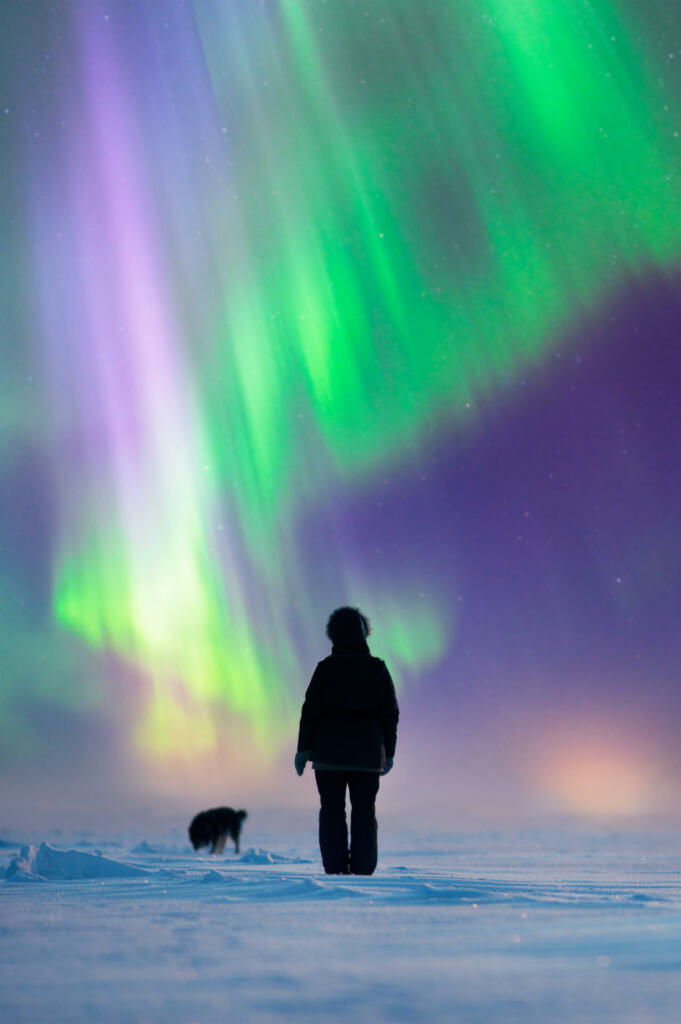 Woman with her dog standing on frozen lake surface, admiring Northern Lights, Aurora Borealis over arctic winter landscape. Focus on woman, shallow depth of field.
