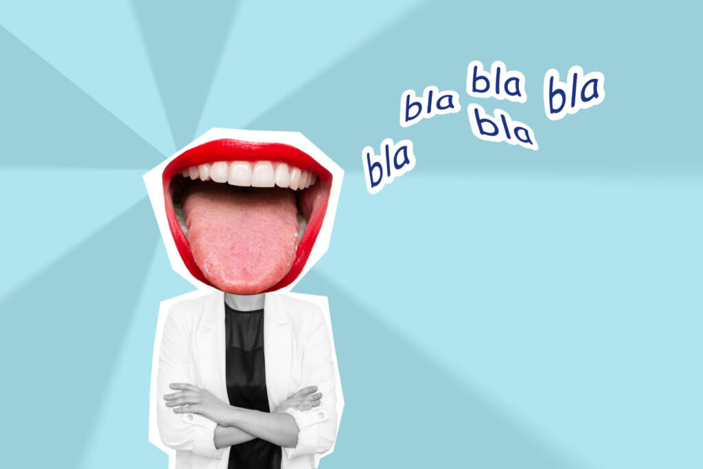 Young business woman headed by wide open mouth shows tongue with text bla bla on blue color background. Trendy collage in magazine style. Contemporary art. Modern design. Gossip girl, rumors, chatter