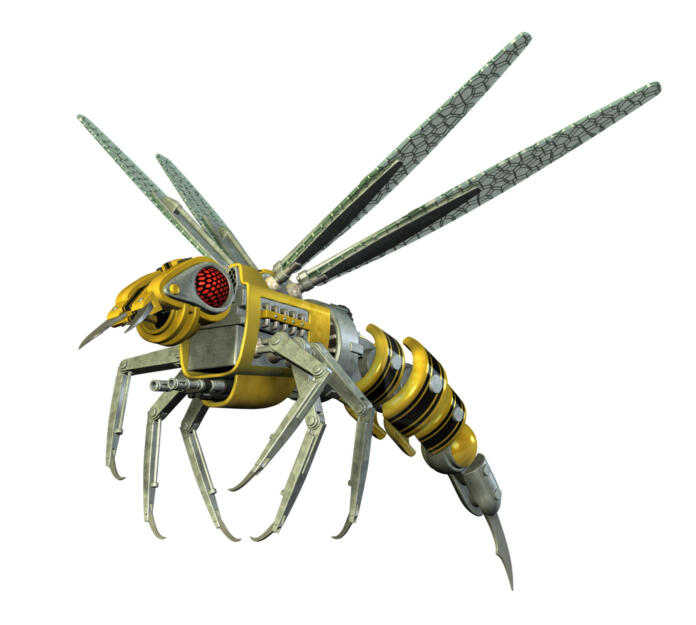 3D render depicting a robot wasp, isolated on white.
