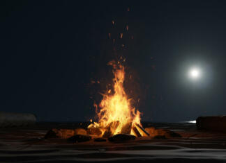 Znana peterica finalistov za kresnika 2023! 3d rendering of large bonfire with sparks and particles in front of full moon light at sand beach