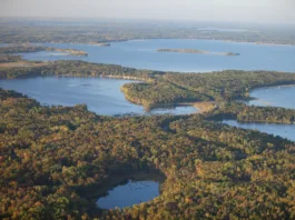 Aerial view of lakes and trees in autumn color near Brainerd Minnesota