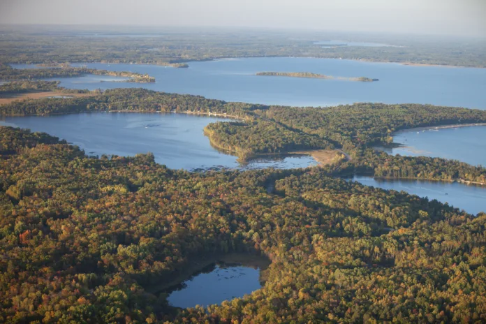 Aerial view of lakes and trees in autumn color near Brainerd Minnesota