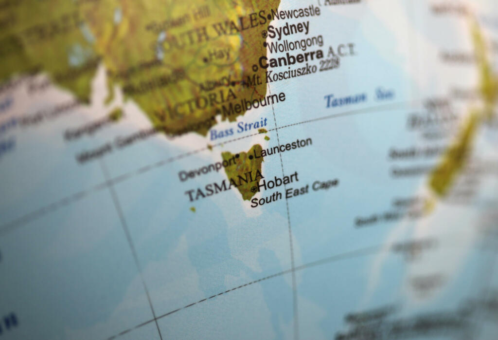 Closeup of Tasmania on a world globe. Deliberate Shallow depth of field