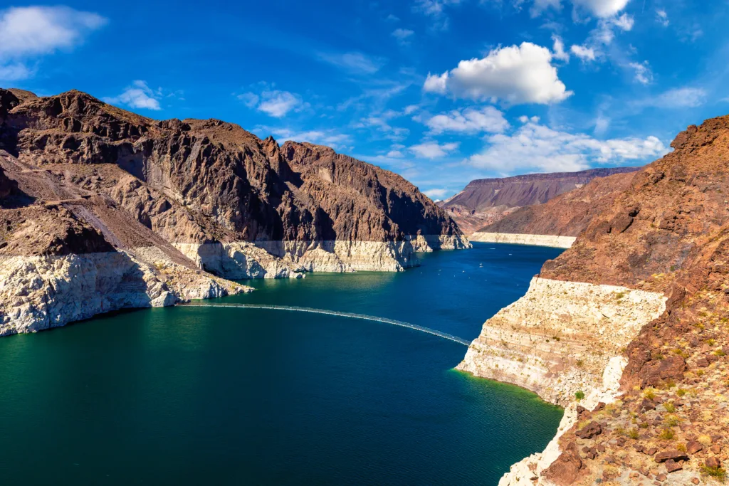 Colorado river. Low water level strip on cliff at lake Mead. View from Hoover Dam at Nevada and Arizona border, USA