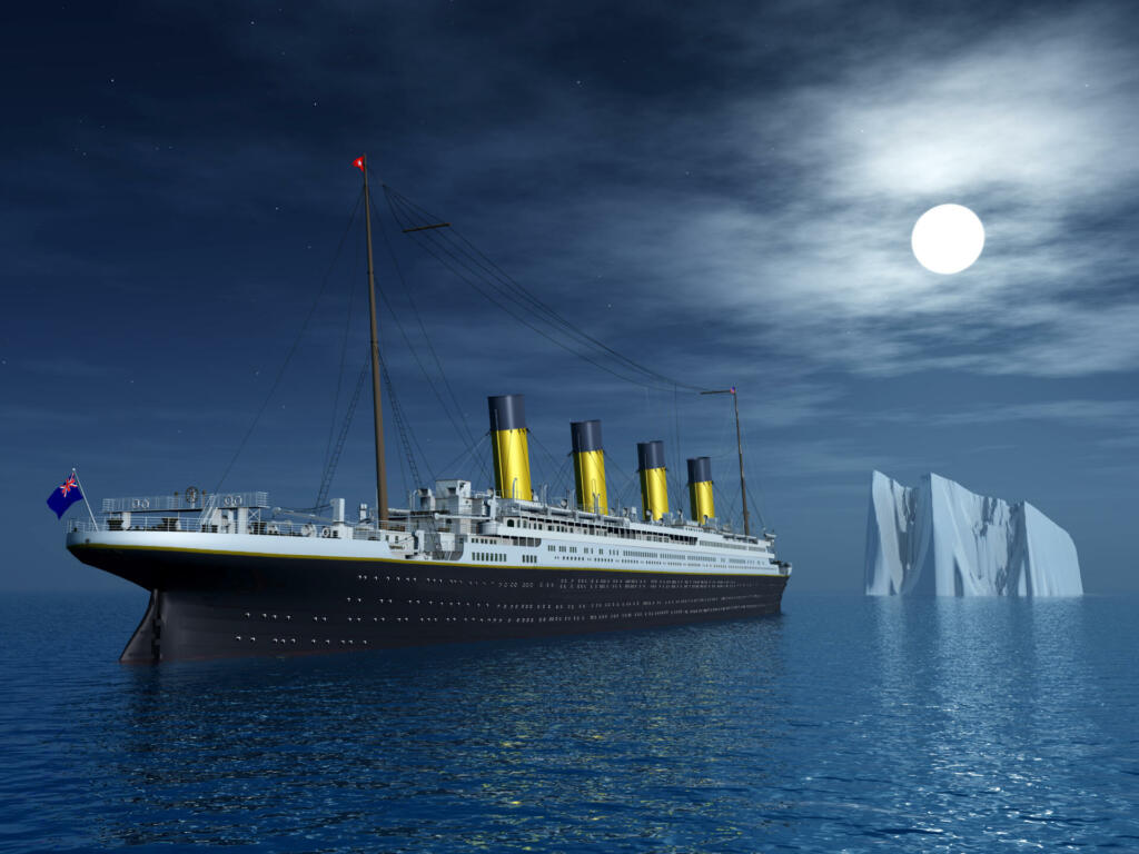 Computer generated 3D illustration with the Titanic and an Iceberg