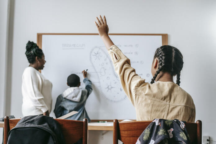 Ethnic teen girl raising hand during lesson