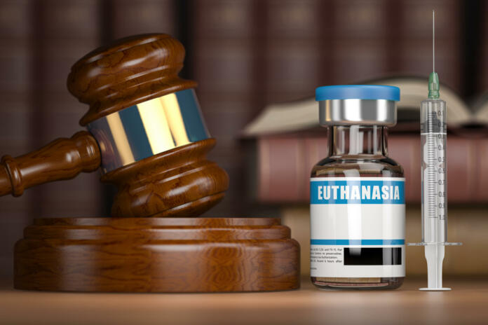 Euthanasia concept. Gavel as a symbol of legal system vith vial and syringe. 3d illustration