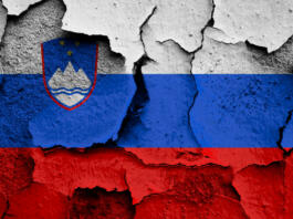 Flag of Slovenia on old grunge wall in background