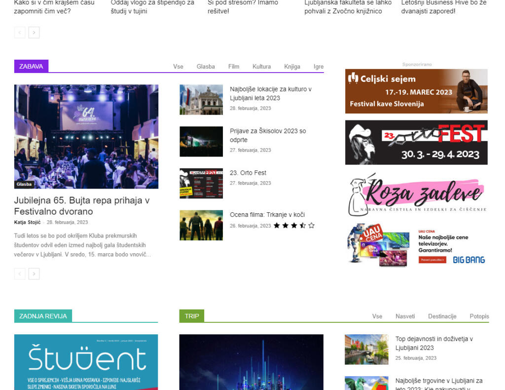 Posnetek zaslona portala Student.si z vidnim oglasom za Orto fest