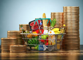 Zaskrbljujoče zmanjšanje zaupanja potrošnikov prvič v letu 2023 Inflation, growth of food sales or growth of market basket or consumer price index concept. Shopping basket with foods and coin stacks. 3d illustration