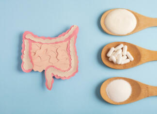 Intestine decorative model with various nutritional supplements. Top view