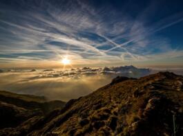 mountains, sun, clouds