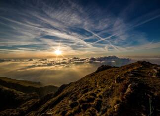 mountains, sun, clouds